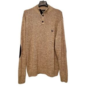 CHAPS Classic Henley Sweater Mens Size XXL Oatmeal Brown Pullover Elbow Patches